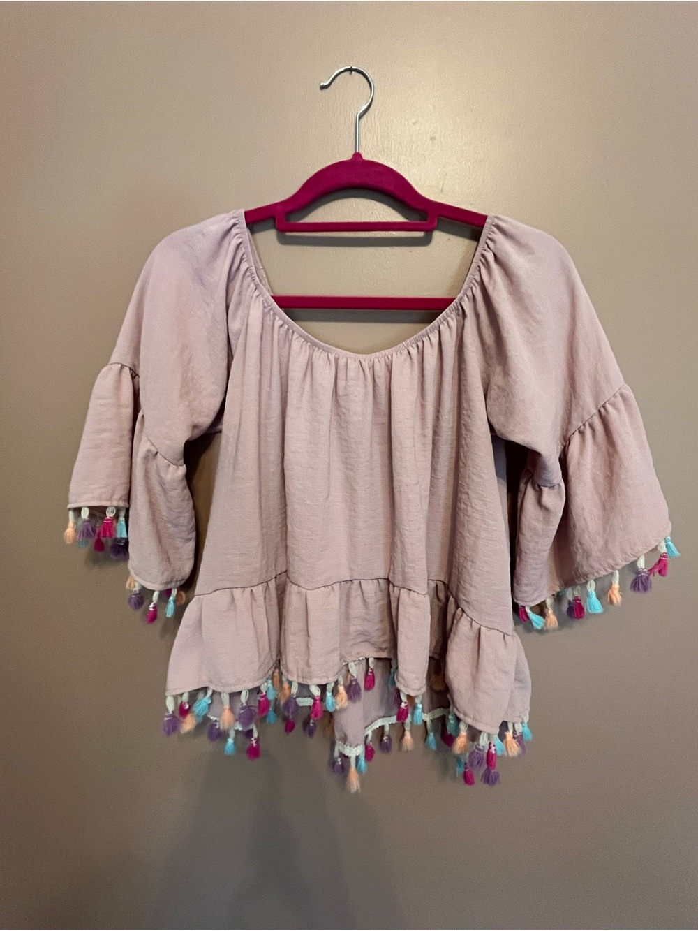 Dusty Pink Peasant Tunic with Multicolor Tassel Trim